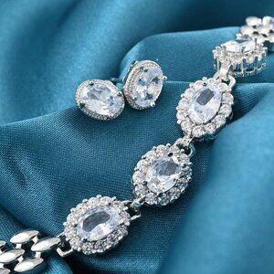 Women's Simulated Light Blue Topaz White Diamond Bracelet and Earrings